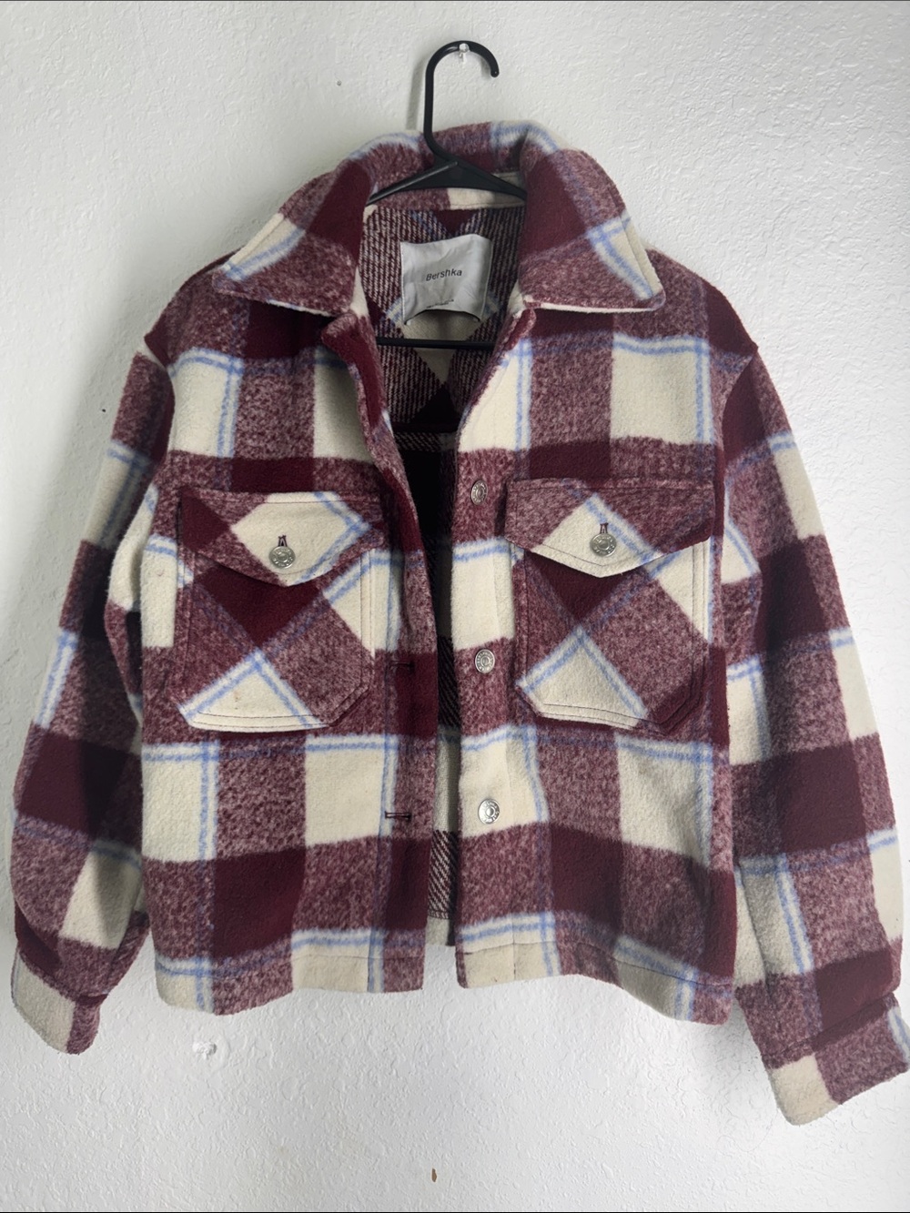 Bershka Burgundy and Cream Plaid Utility Jacket